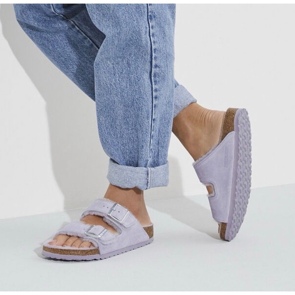 Birkenstock Arizona Shearling Suede Leather Sandals in Purple Fog Sz Women's 9